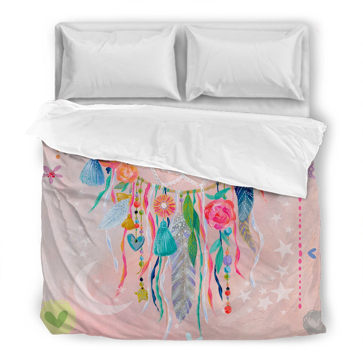 Youth bed featuring pink printed comforter with dreamcatcher design.