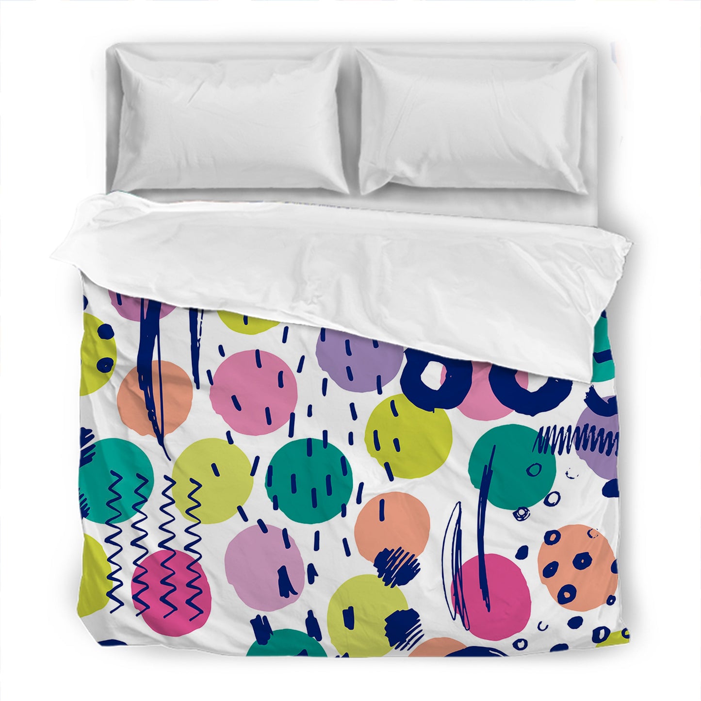 Clean bed featuring multicolored comforter circles and lines design.