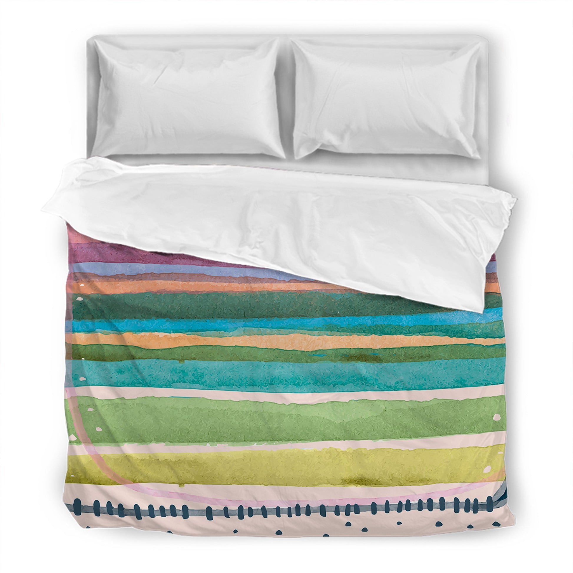 Clean bed featuring printed comforter with pastel brushstroke design.