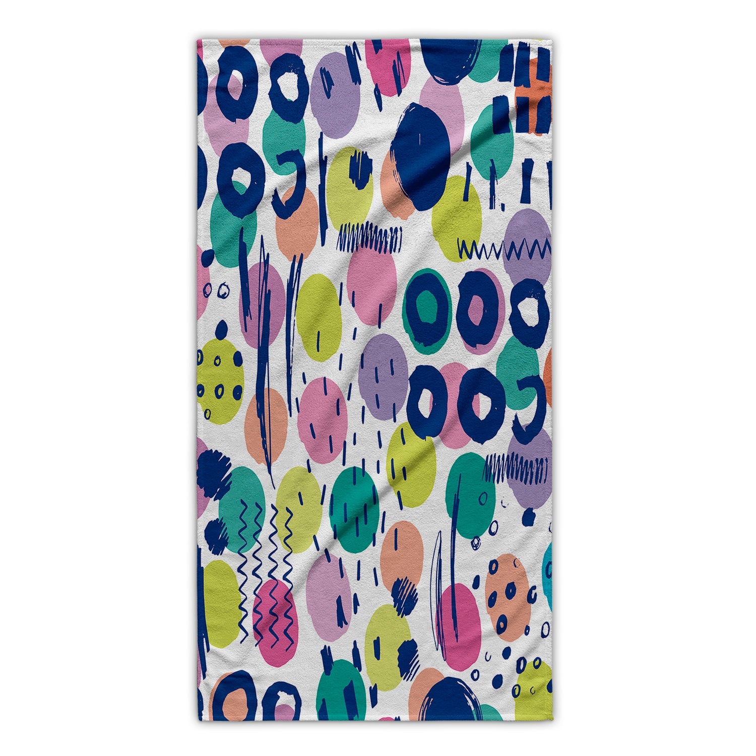 Kid’s printed bath towel with colorful circles and lines design.