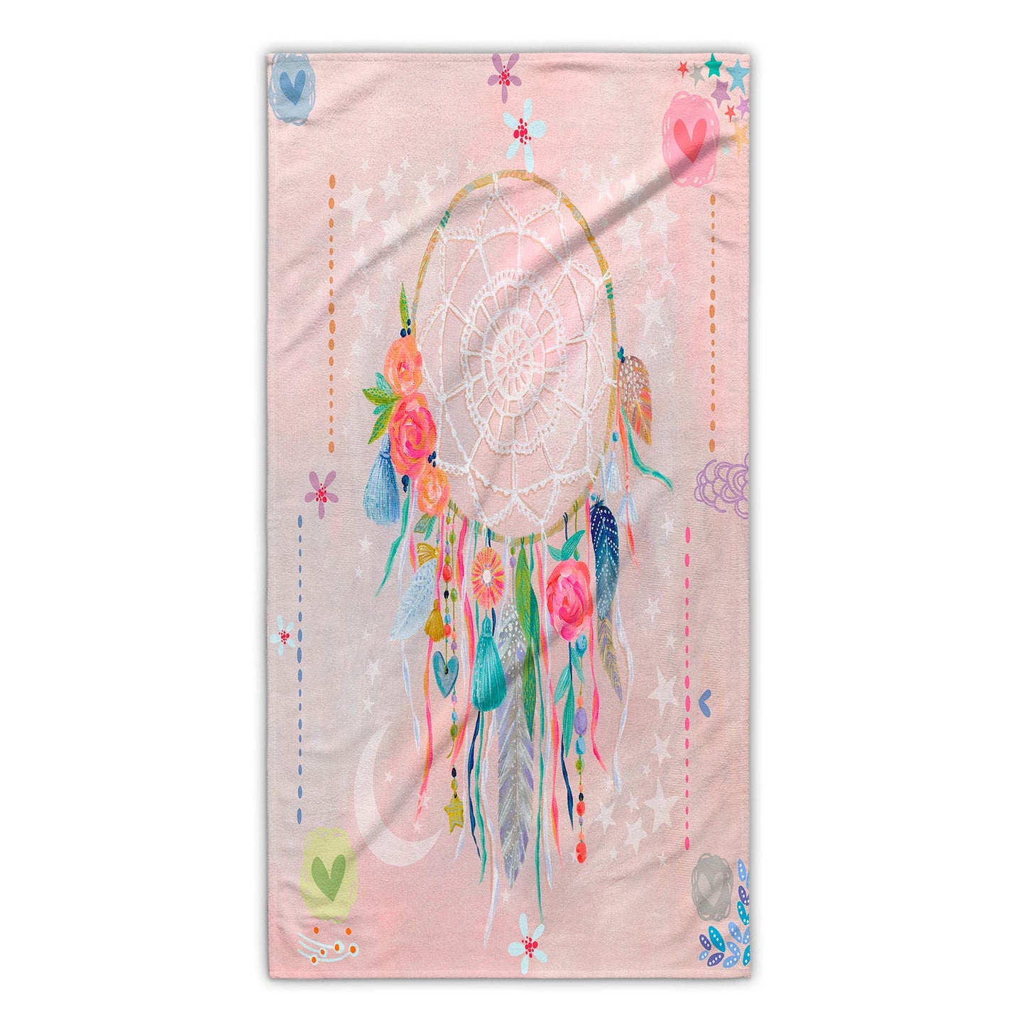 Printed pink bath towel, with inspiring dreamcatcher design, for girls.