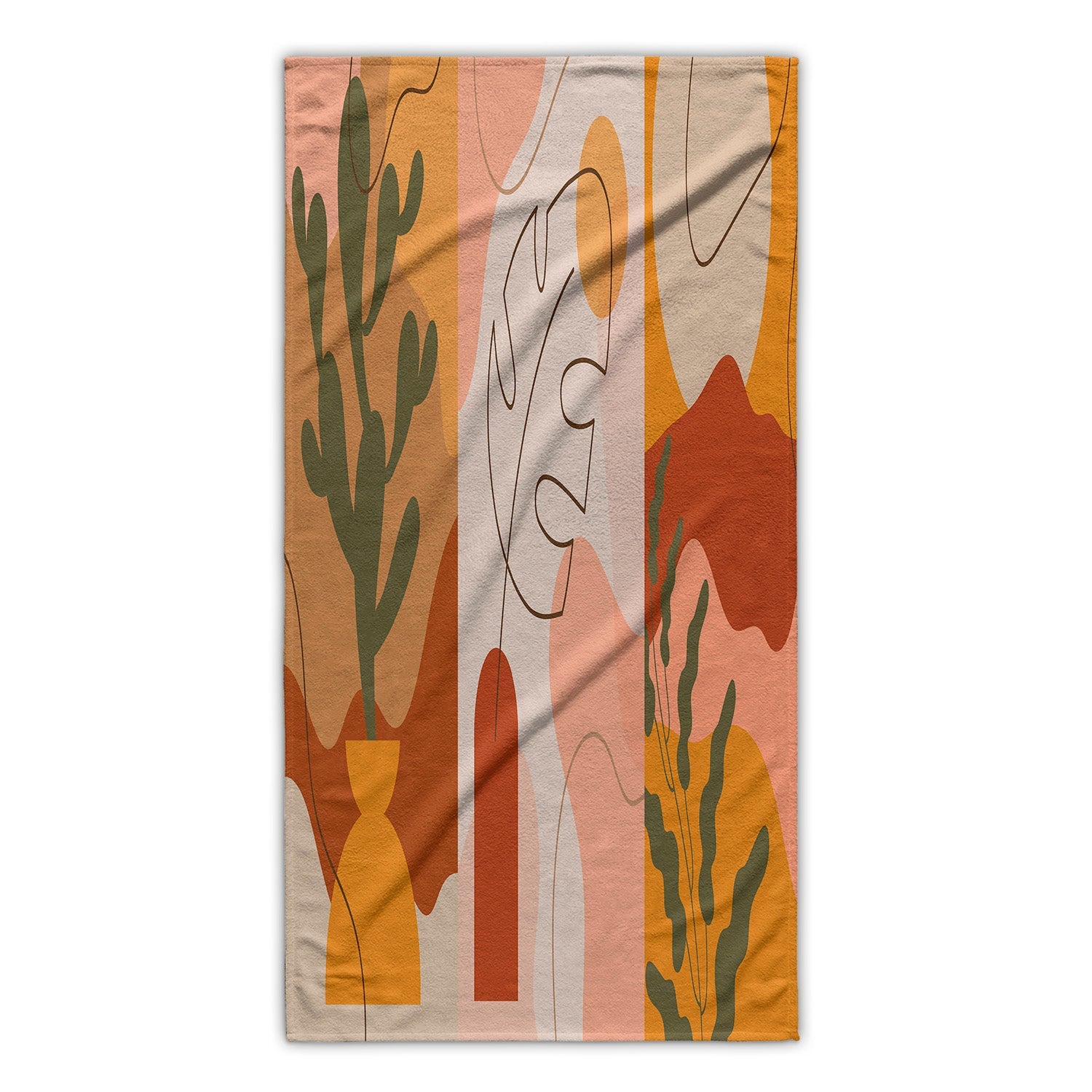 Neutral toned, Bohemian themed bath towel with abstract desert images.