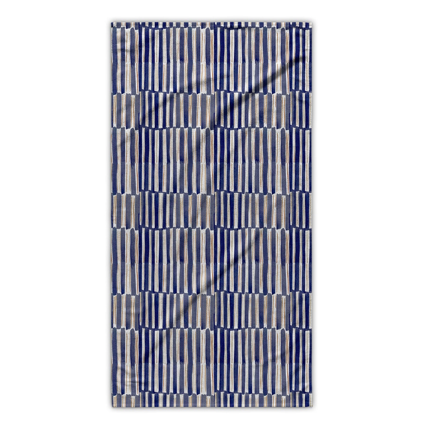 Bathroom rack featuring bath towel with staggered blue and white striped design.