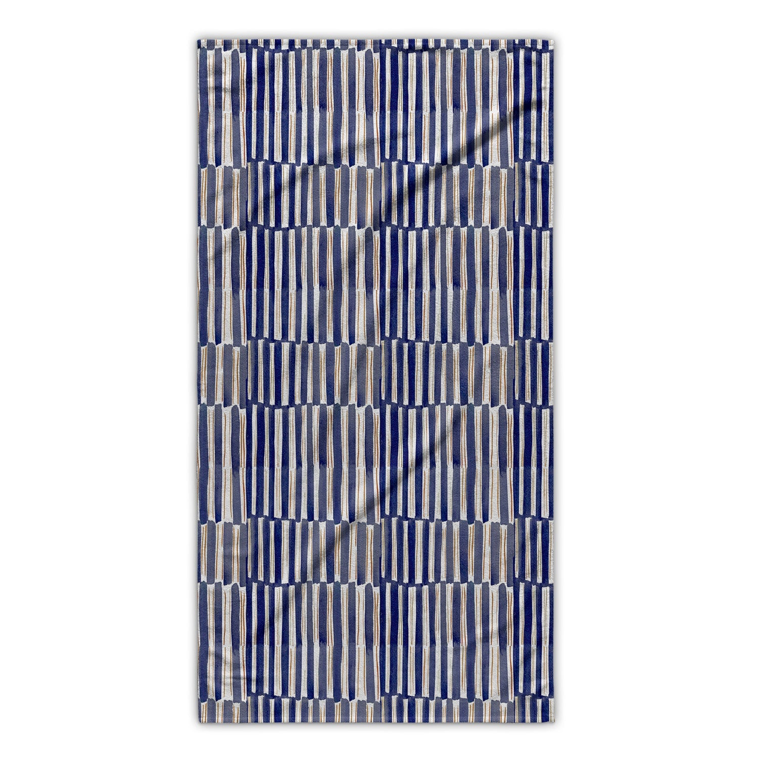 Bathroom rack featuring bath towel with staggered blue and white striped design.