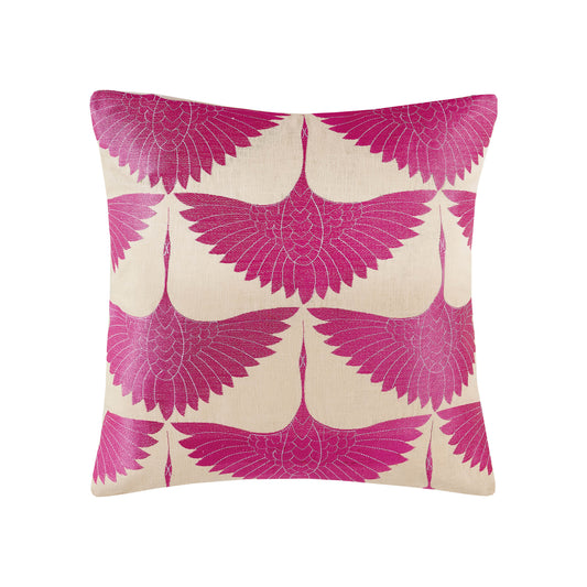 Embroidered pink and ivory crane pillow by Trina Turk.