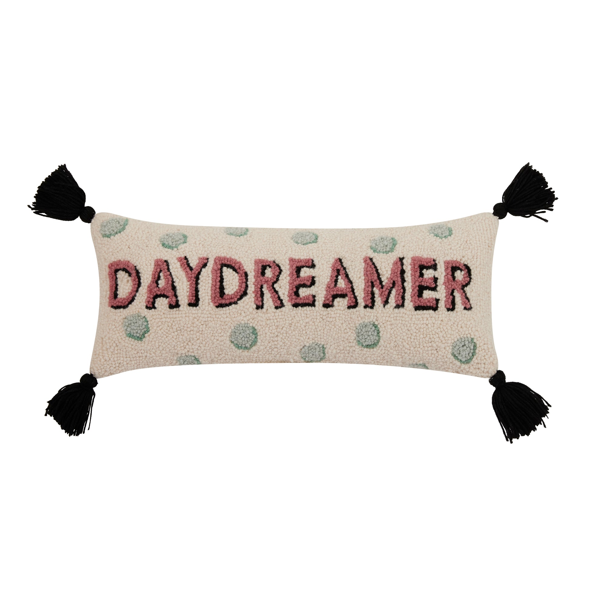 Wool Hooked “Daydreamer” Lumbar Throw Pillow with Green Dots and 4 Black Tassels by Yvonne Ellen.