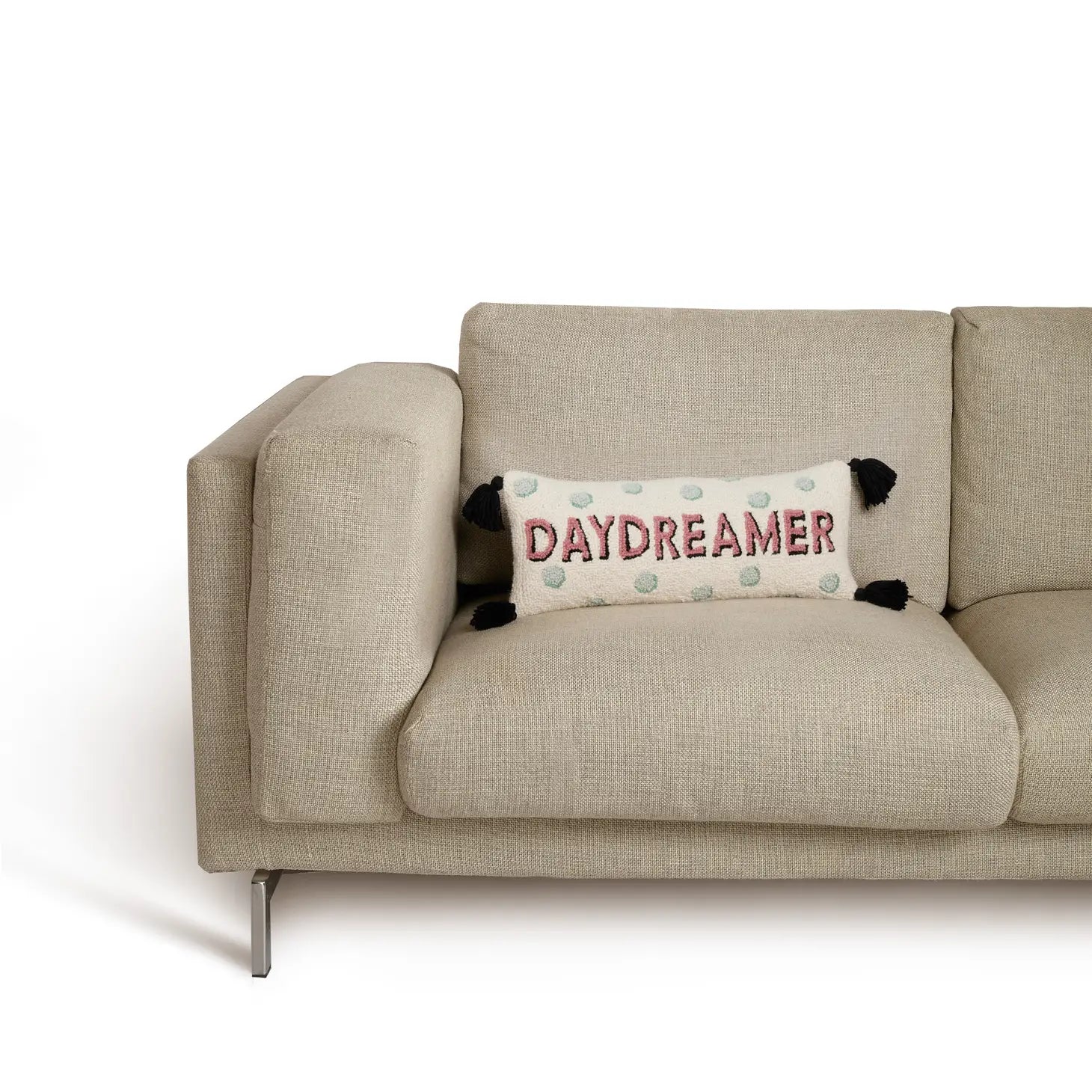 Yvonne Ellen “Daydreamer” Lumbar Throw Pillow with Green Dots and 4 Black Tassels Against Beige Mid-Century Sofa