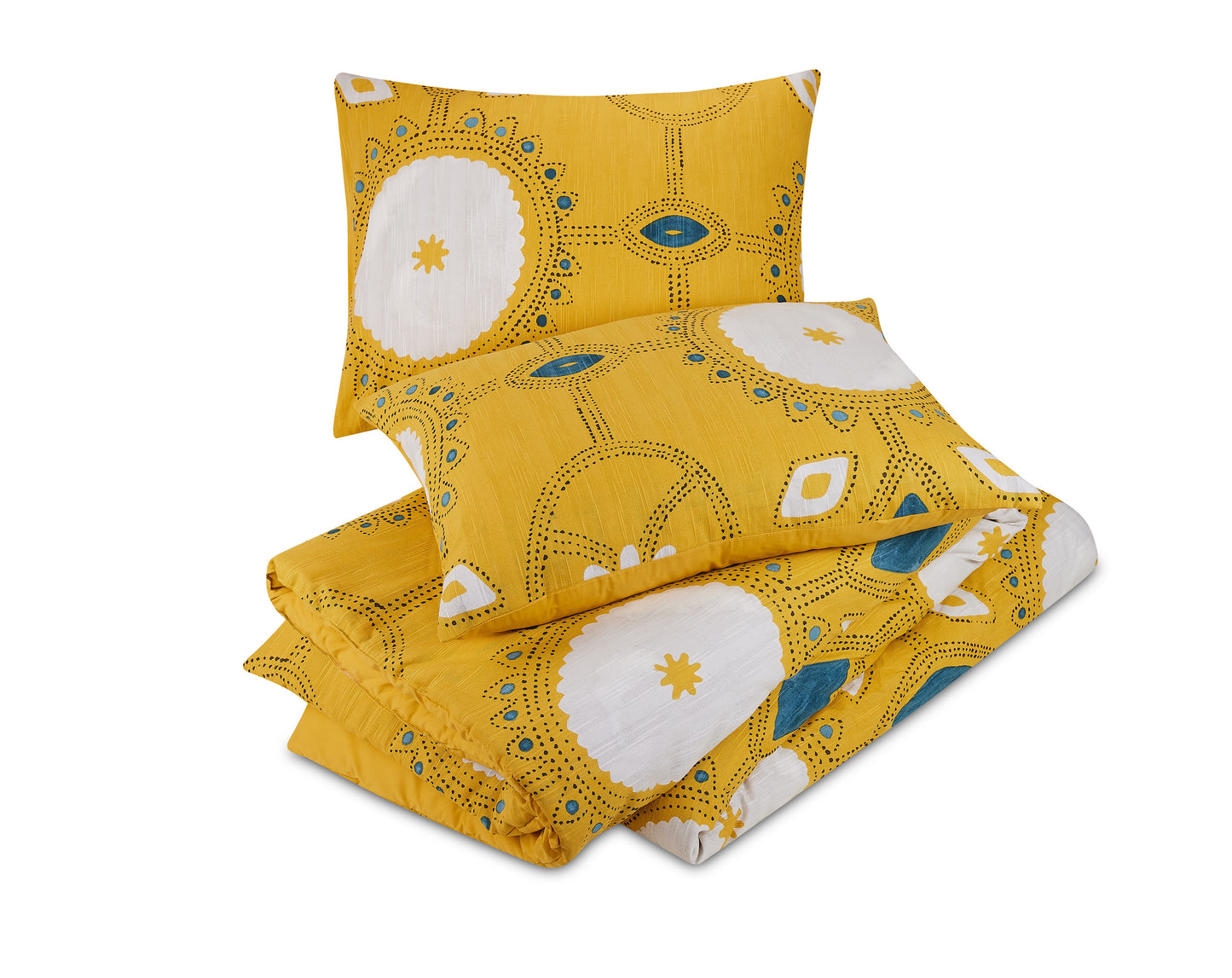 Two pillows atop matching Lemieux Et Cie Duvet Cover with mustard and white pattern.