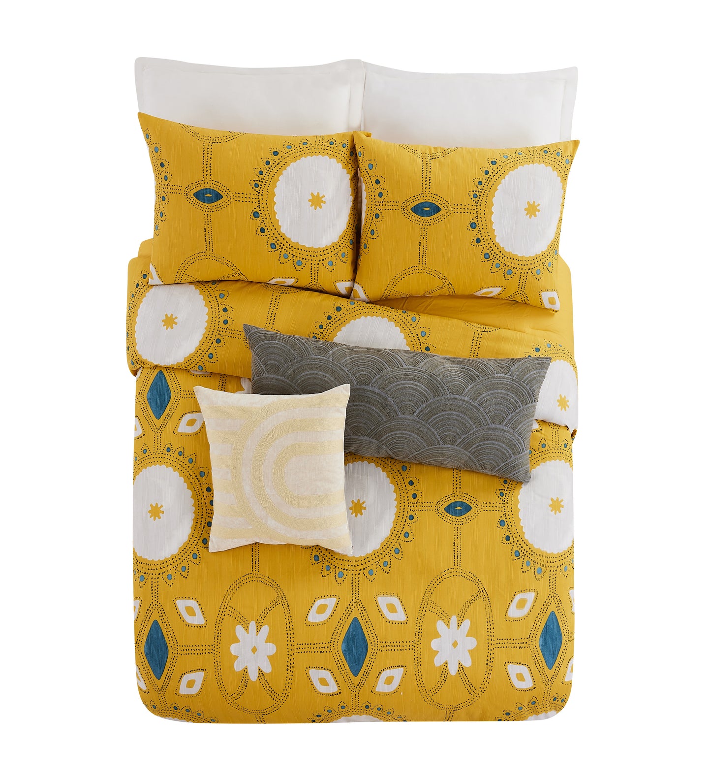 Bed featuring Lemieux Et Cie Duvet Cover Set, and decorative pillows with arches, in mustard and white pattern.