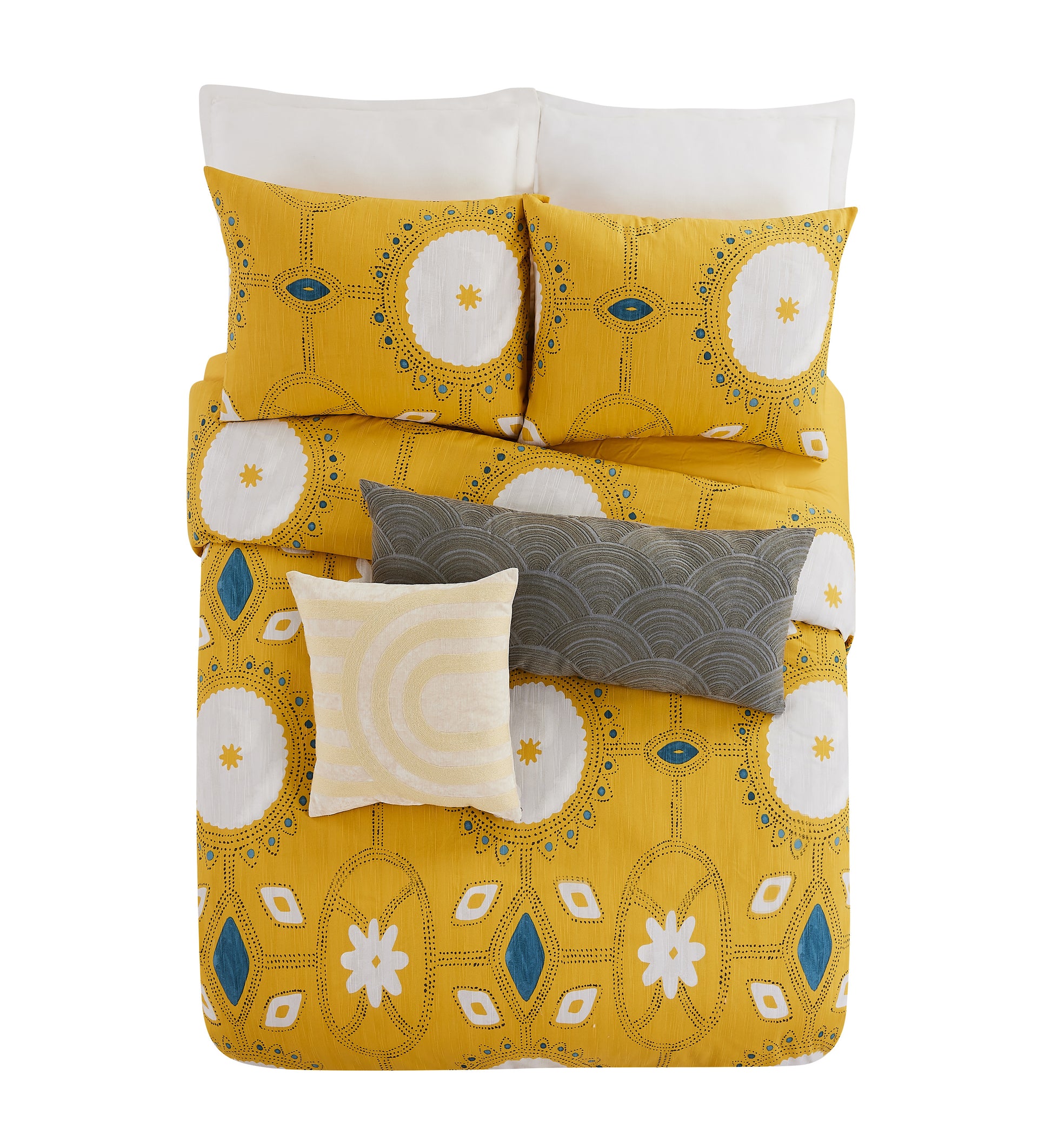 Bed featuring Lemieux Et Cie Duvet Cover Set, and decorative pillows with arches, in mustard and white pattern.