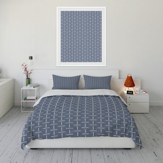 Clean bedroom featuring printed chambray comforter set with gray alternating line pattern.