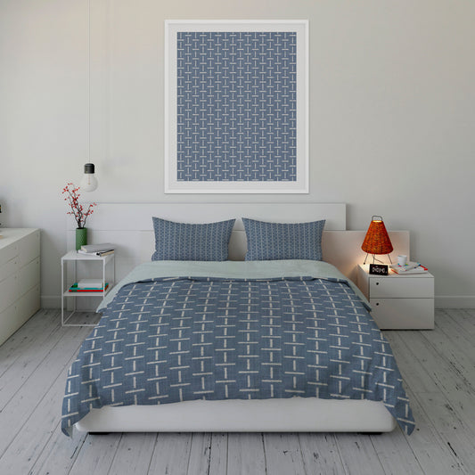 Fresh bedroom displaying printed chambray comforter set with gray alternating line pattern.