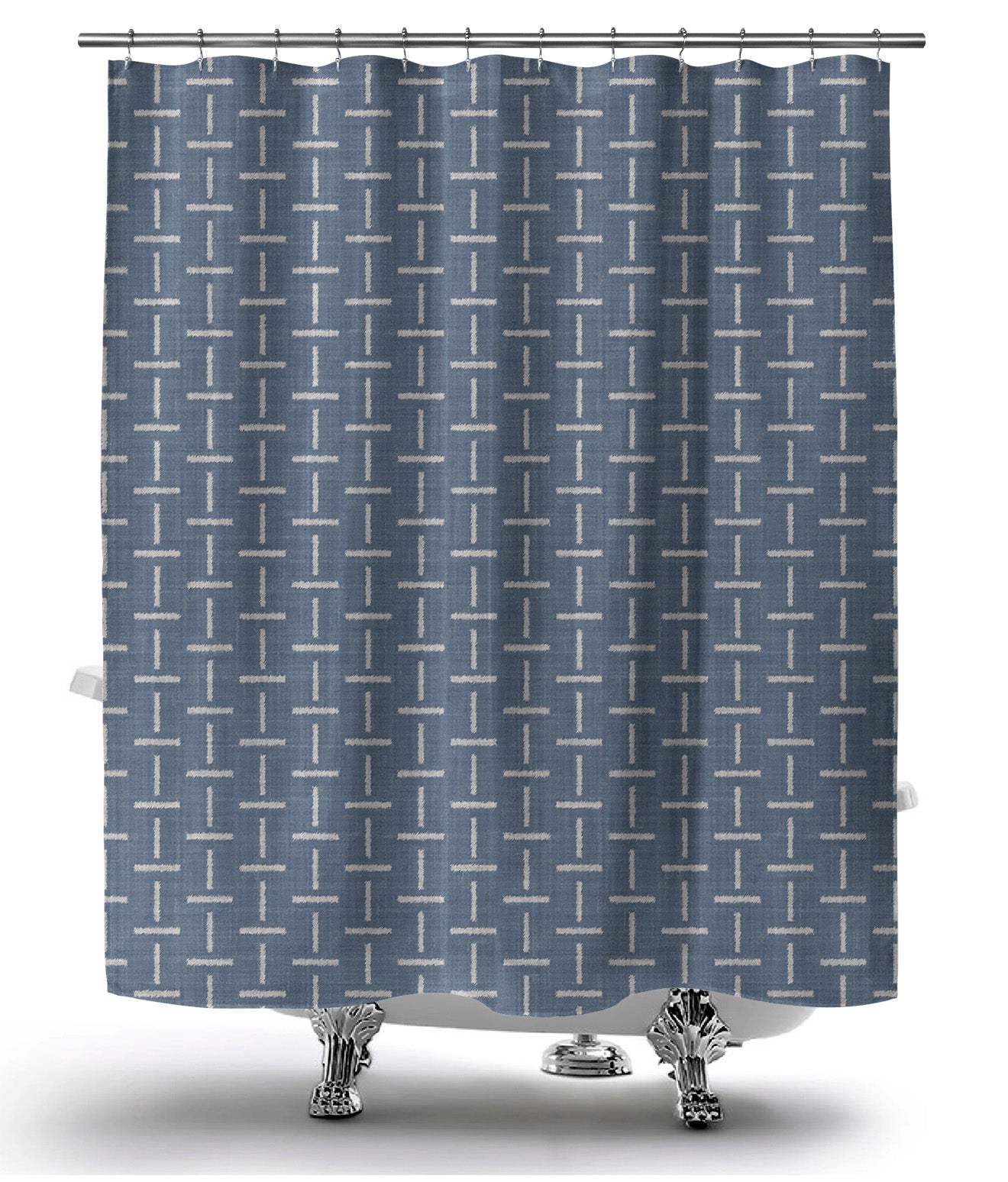 Blue washable shower curtain with intersecting white line design, hanging over chic claw foot bathtub