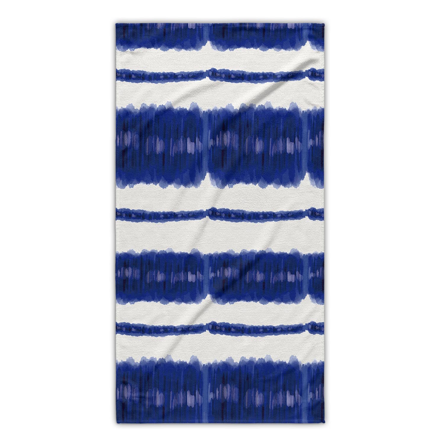 Flat bath towel with bright blue and white tie-dye design.