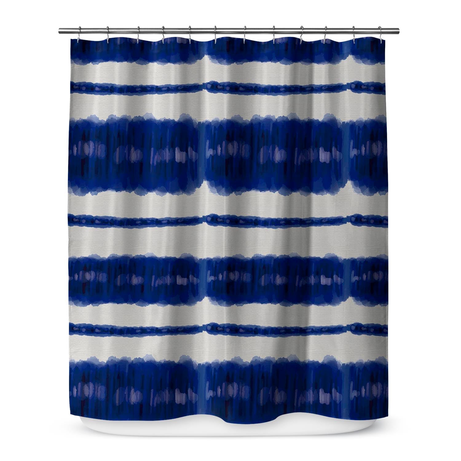 Hanging shower curtain highlighting washable, blue and white watercolor design.