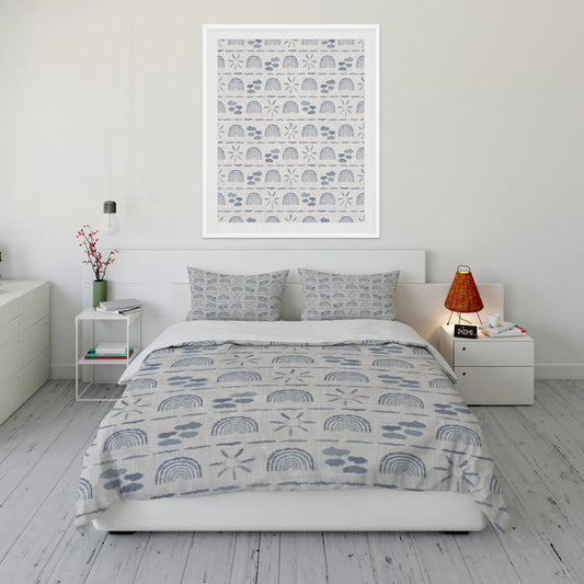Calm bedroom featuring gray Comforter Set with warm sky designs.