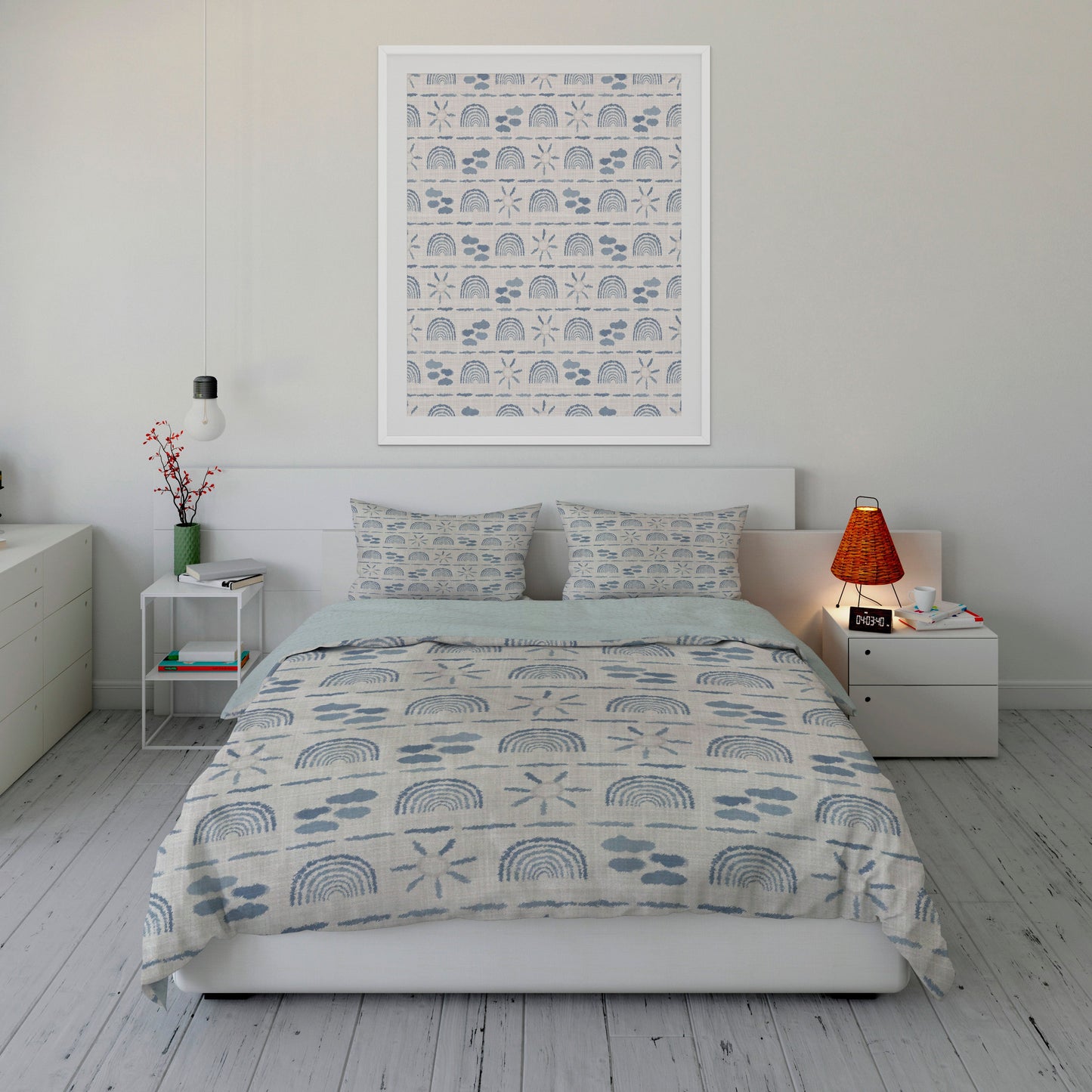 Refreshing bedroom featuring Sherpa comforter set with rainbow sky designs and matching artwork.