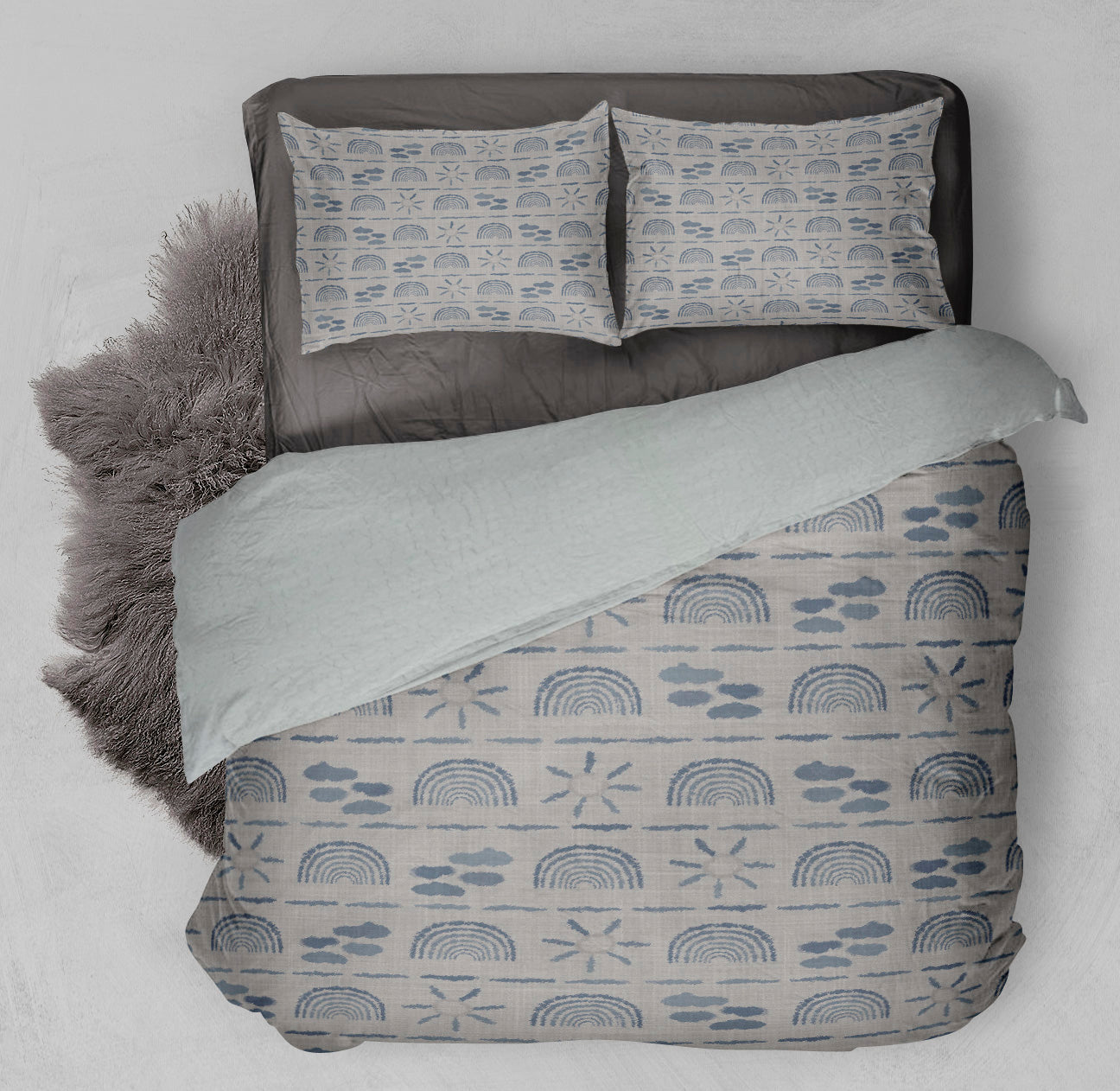 Bed with winter ready Sherpa Comforter Set displaying various elements of the sky.
