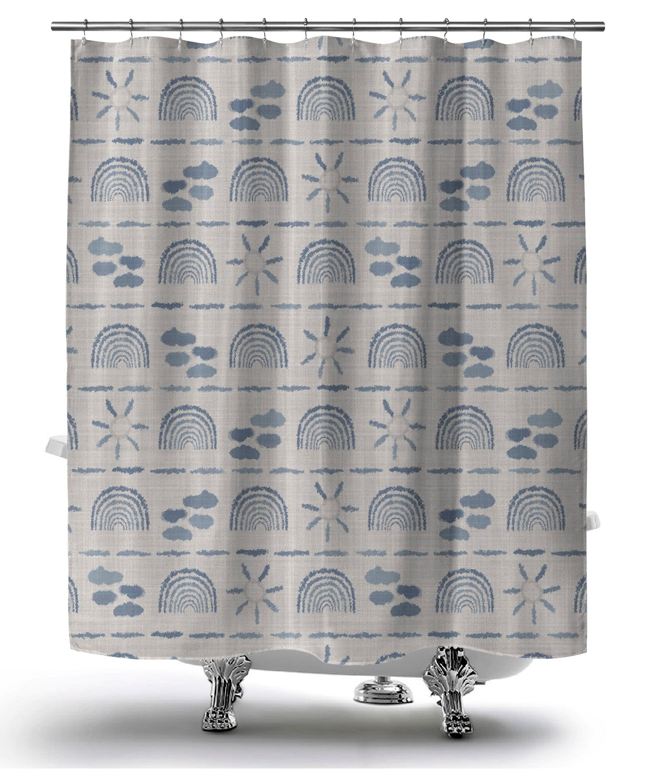 Gray washable shower curtain, with sun, rainbow and sky images, hanging over chic clawfoot bathtub.