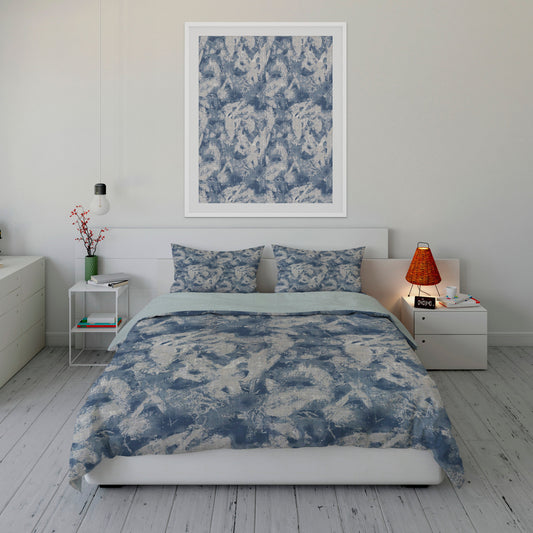 Coastal style bedroom displaying Sherpa Comforter Set with blue and gray nautical design. 