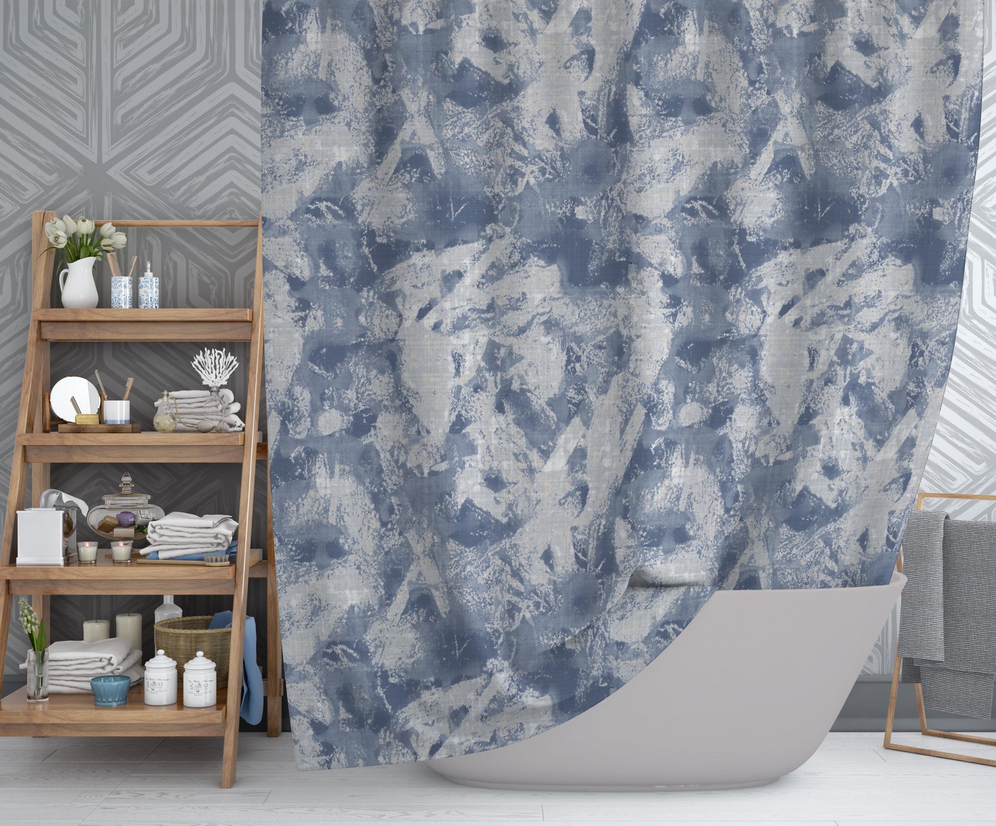 Modern bathroom featuring captivating shower curtain with printed blue and white abstract design.