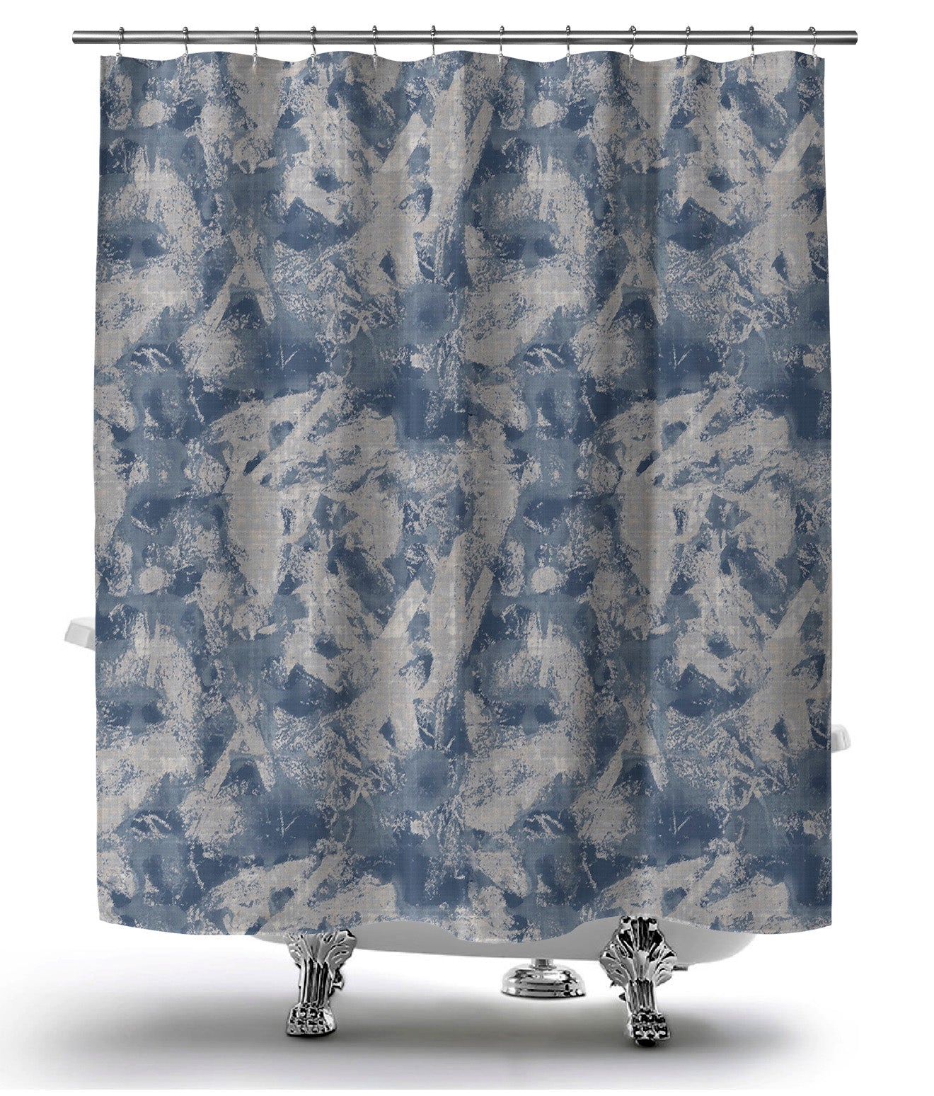 Blue hanging shower curtain featuring serene blue and white design.