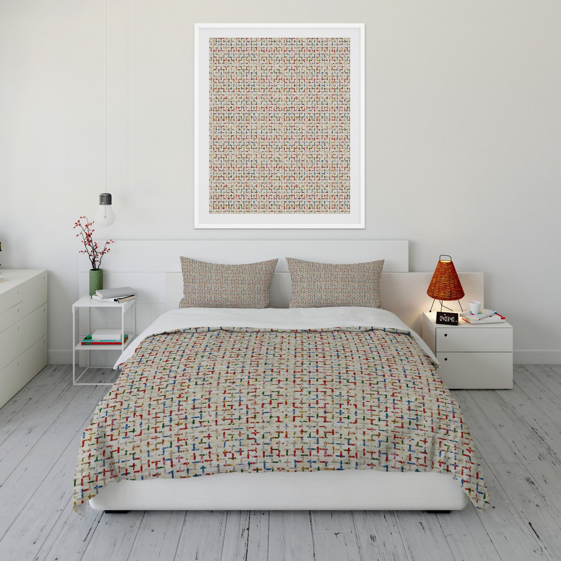 Refreshing bedroom featuring Comforter Set with multicolored abstract helix design.