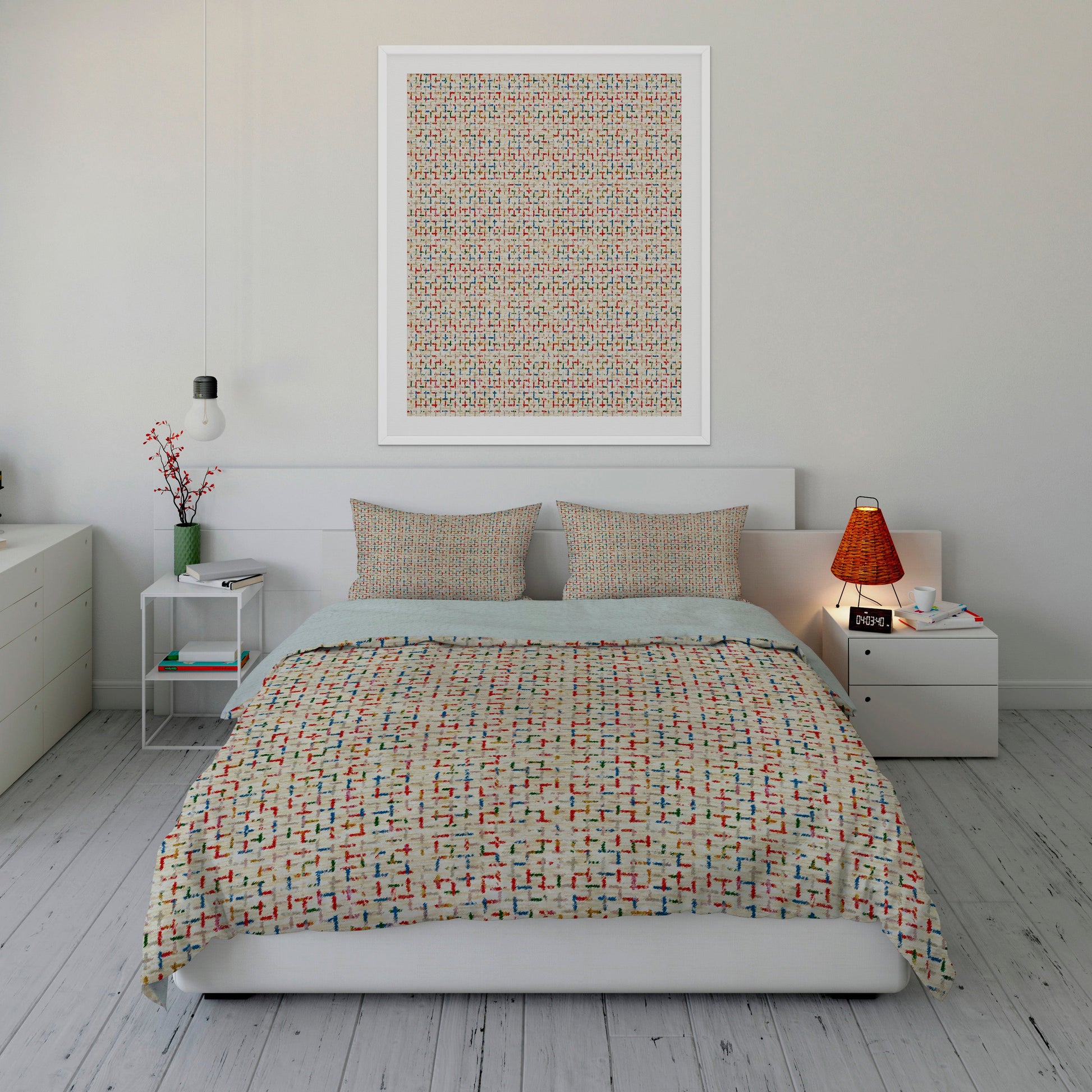 Bedroom with invigorating Sherpa Comforter Set featuring colorful Tetris like pattern. 