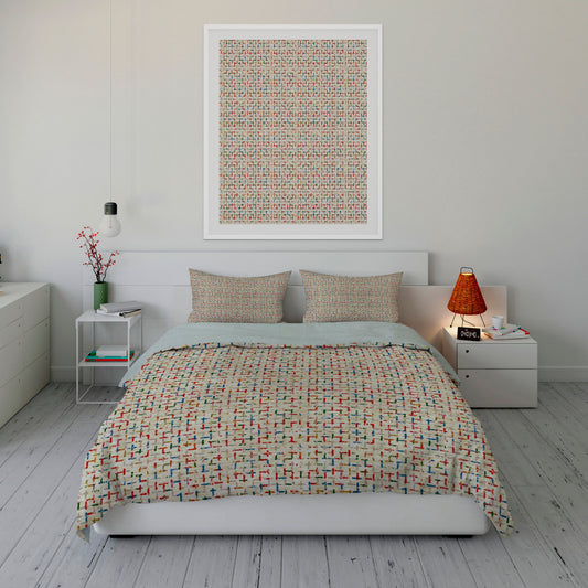 Bedroom with invigorating Sherpa Comforter Set featuring colorful Tetris like pattern. 