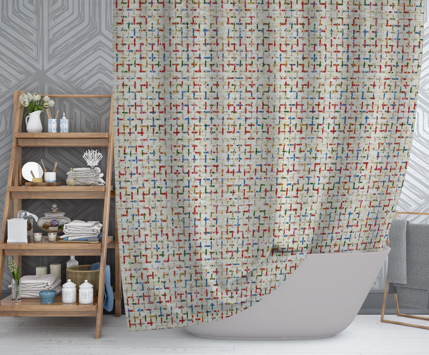 Modern bathroom featuring washable shower curtain with vibrant multicolored helix pattern.