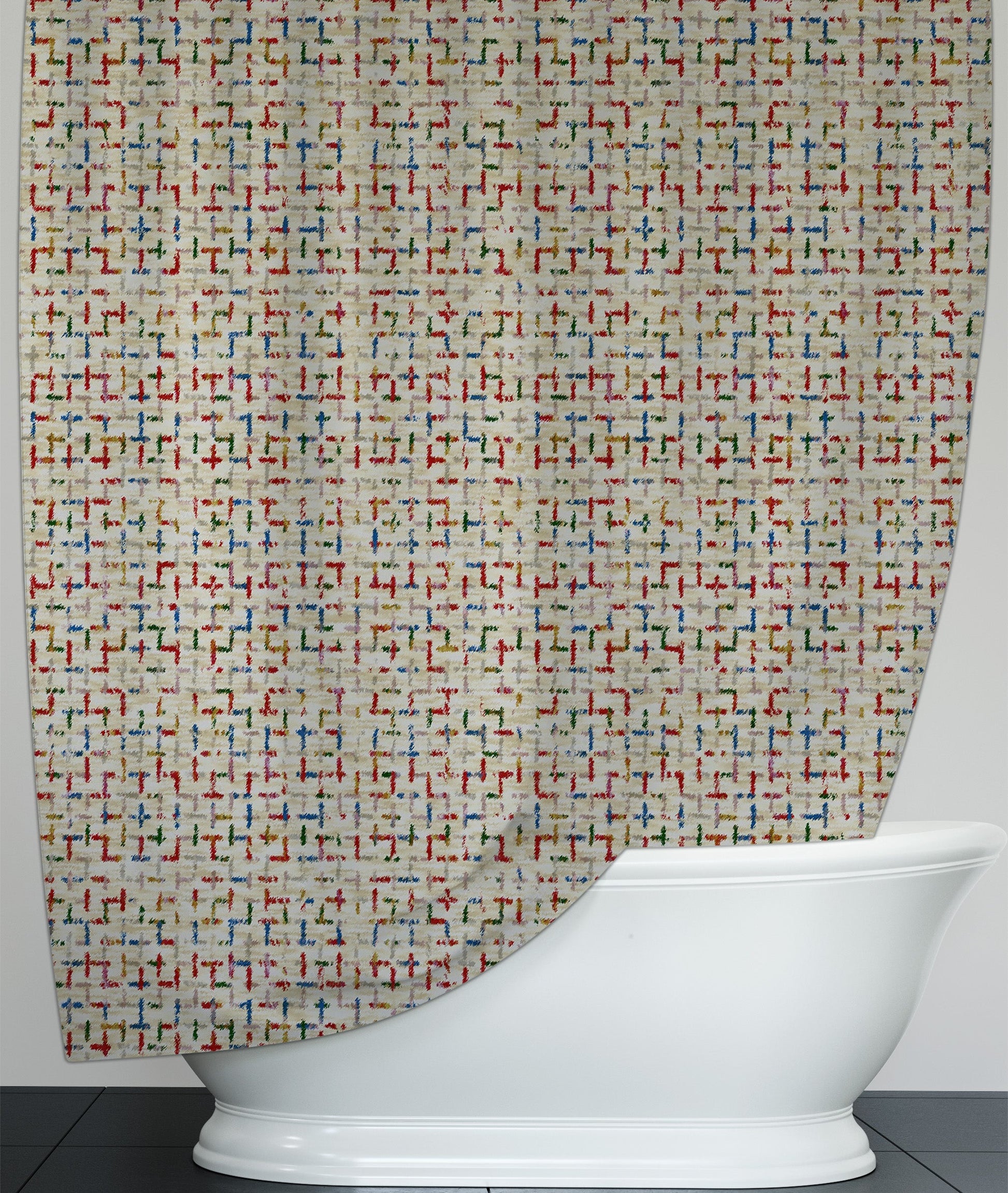 Clean bathroom featuring tan printed shower curtain with vibrant multicolored matrix pattern.