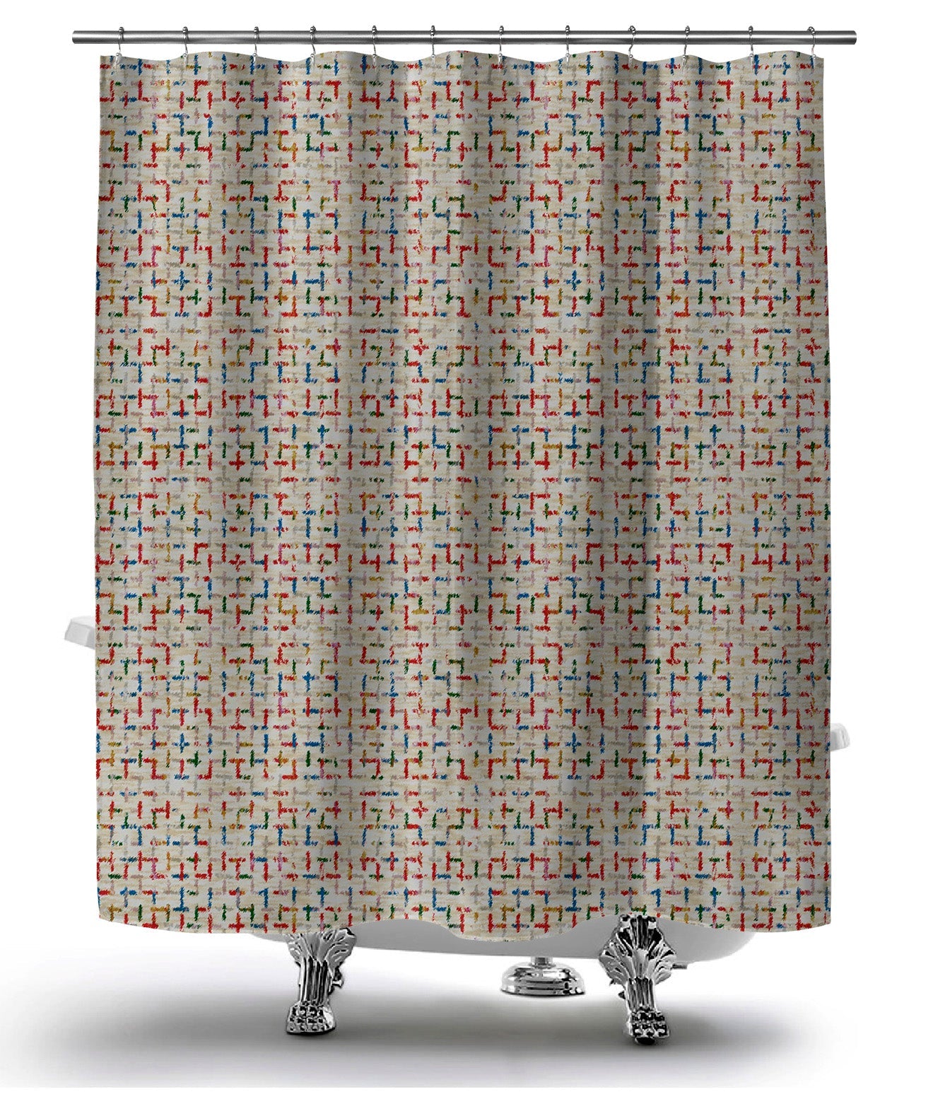 Tan, washable shower curtain with bright, colorful Tetris pattern, hanging over bathtub.