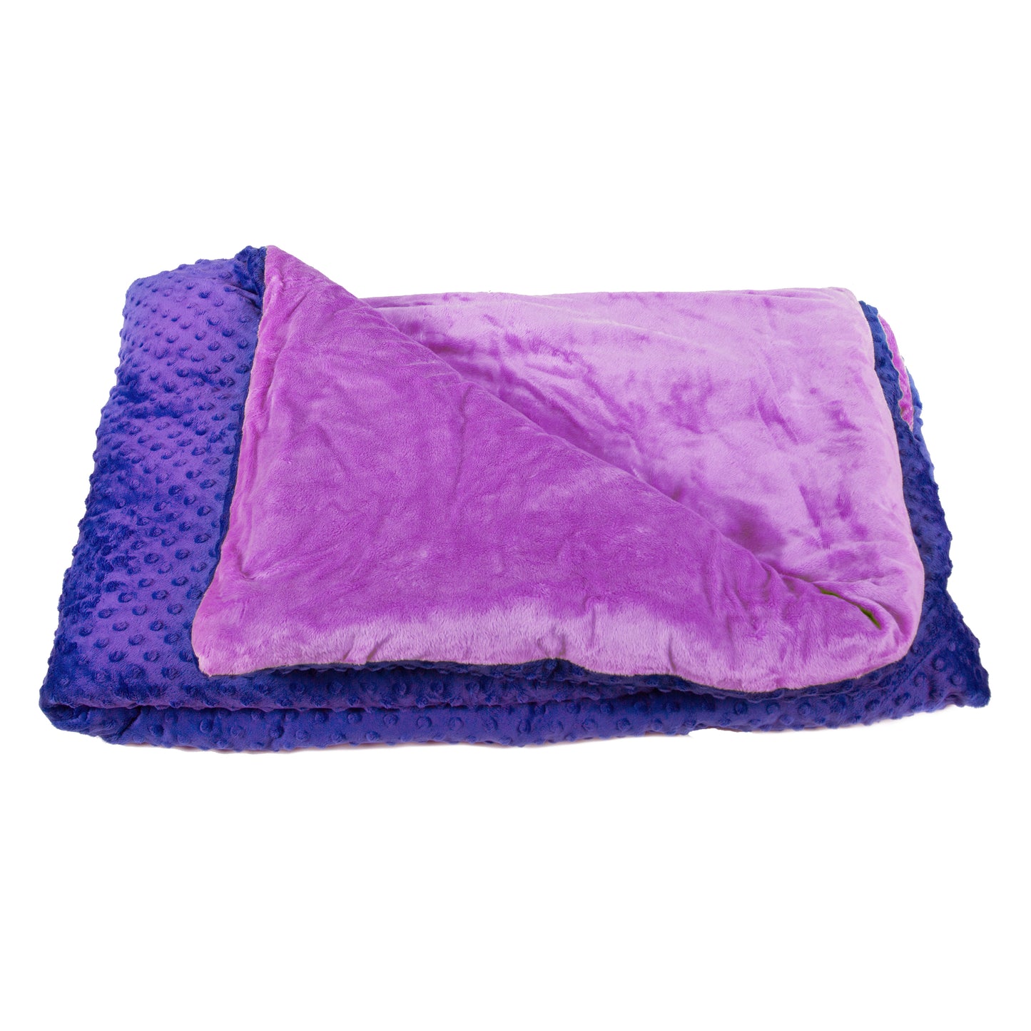 Detailed view of Harkla weighted blanket with velvety purple front and lilac reverse.