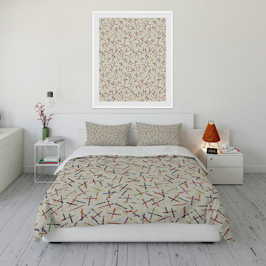 Cool toned bedroom featuring duvet cover set with colorful sticks pattern.