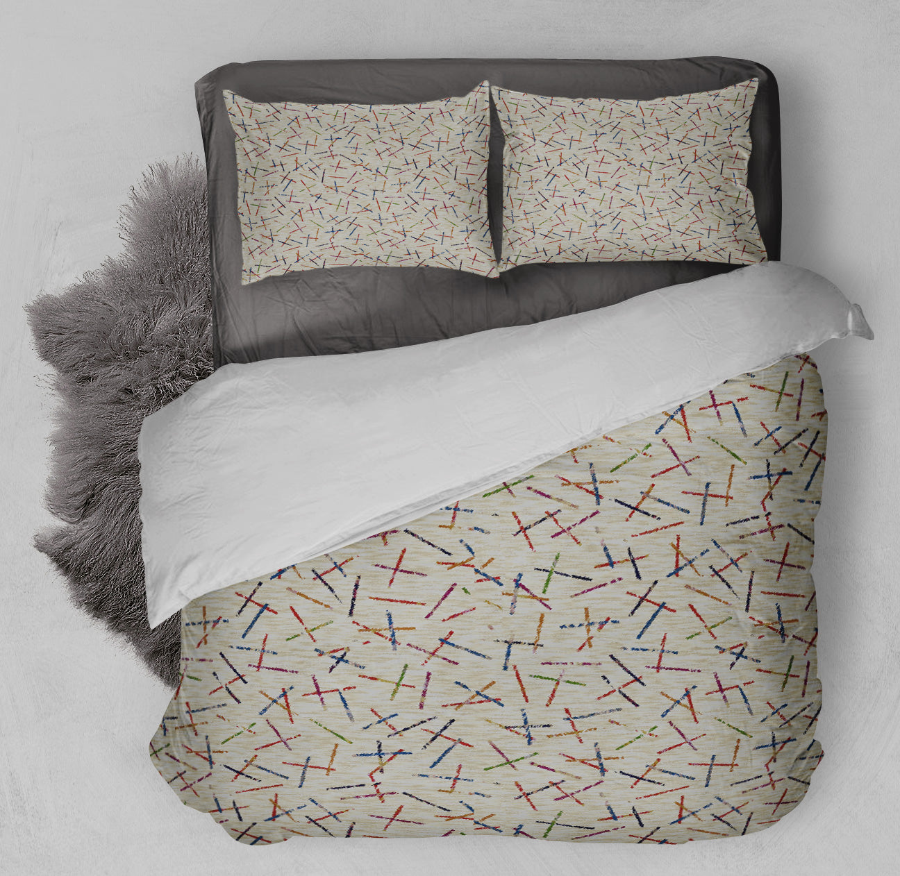 Bed displaying khaki colored duvet cover set adorned with colorful crossing lines.