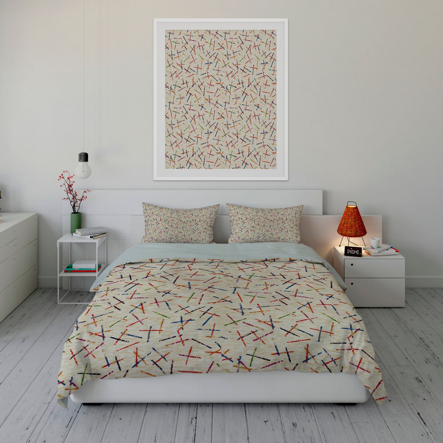 Light and bright bedroom with playful Sherpa Comforter Set featuring colorful adjoining lines.