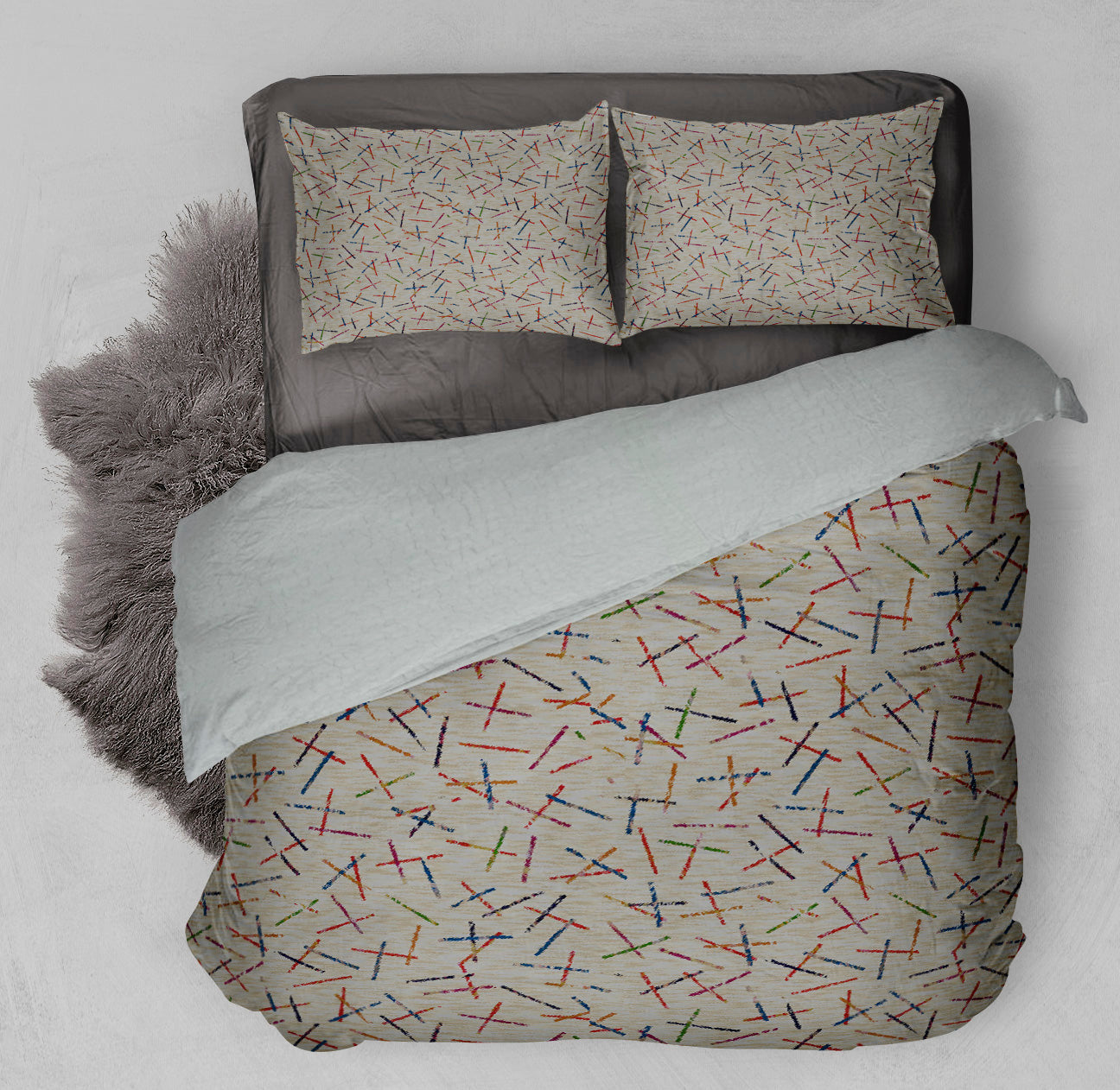 Bed with winter ready Sherpa Comforter Set displaying colorful pick up sticks design.