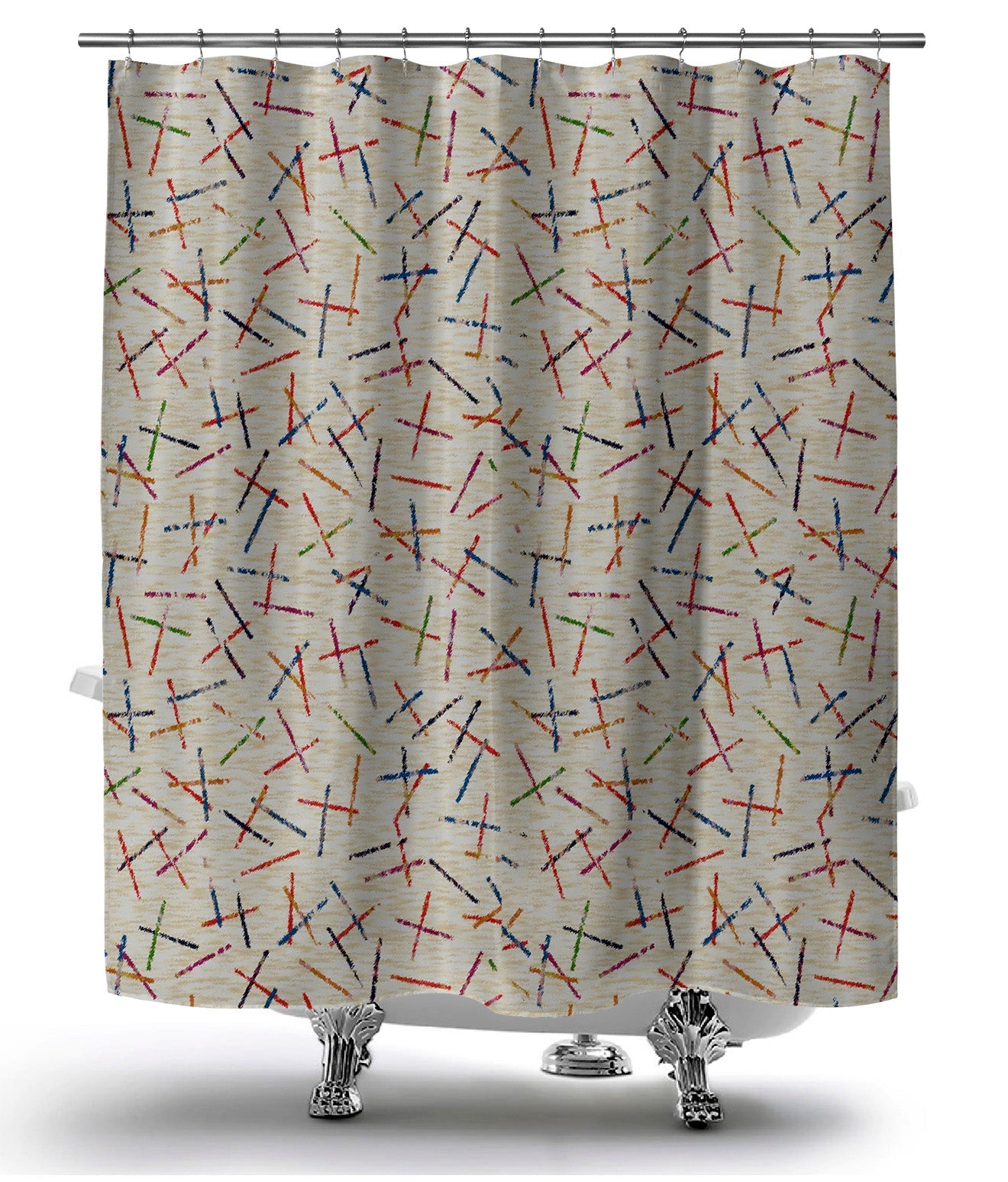 Tan washable shower curtain with uplifting multicolored line pattern.