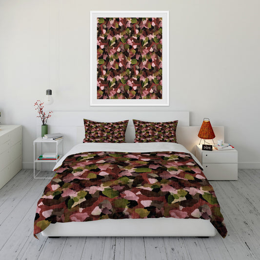 Minimalist bedroom featuring abstract autumn leaves duvet set with matching wall art.