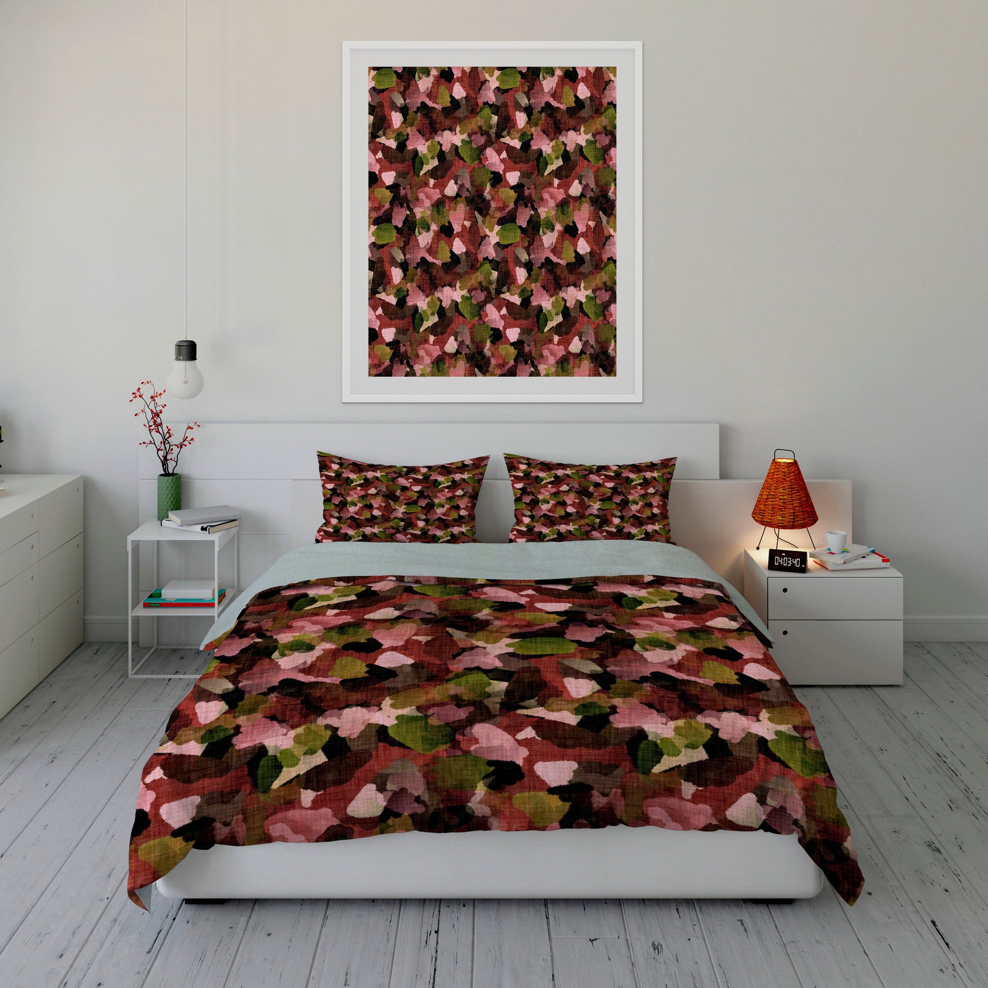 Crisp bedroom displaying printed comforter set with refreshing autumn leaf motifs and matching wall art.