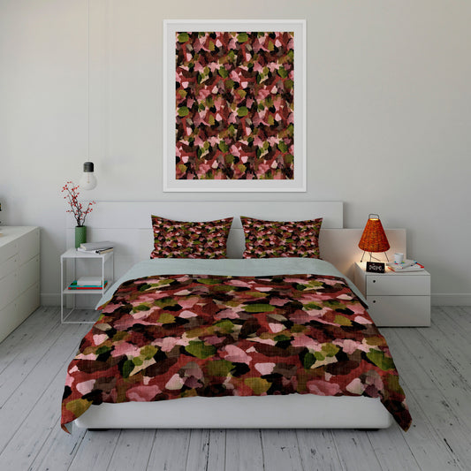 Crisp bedroom displaying printed comforter set with refreshing autumn leaf motifs and matching wall art.
