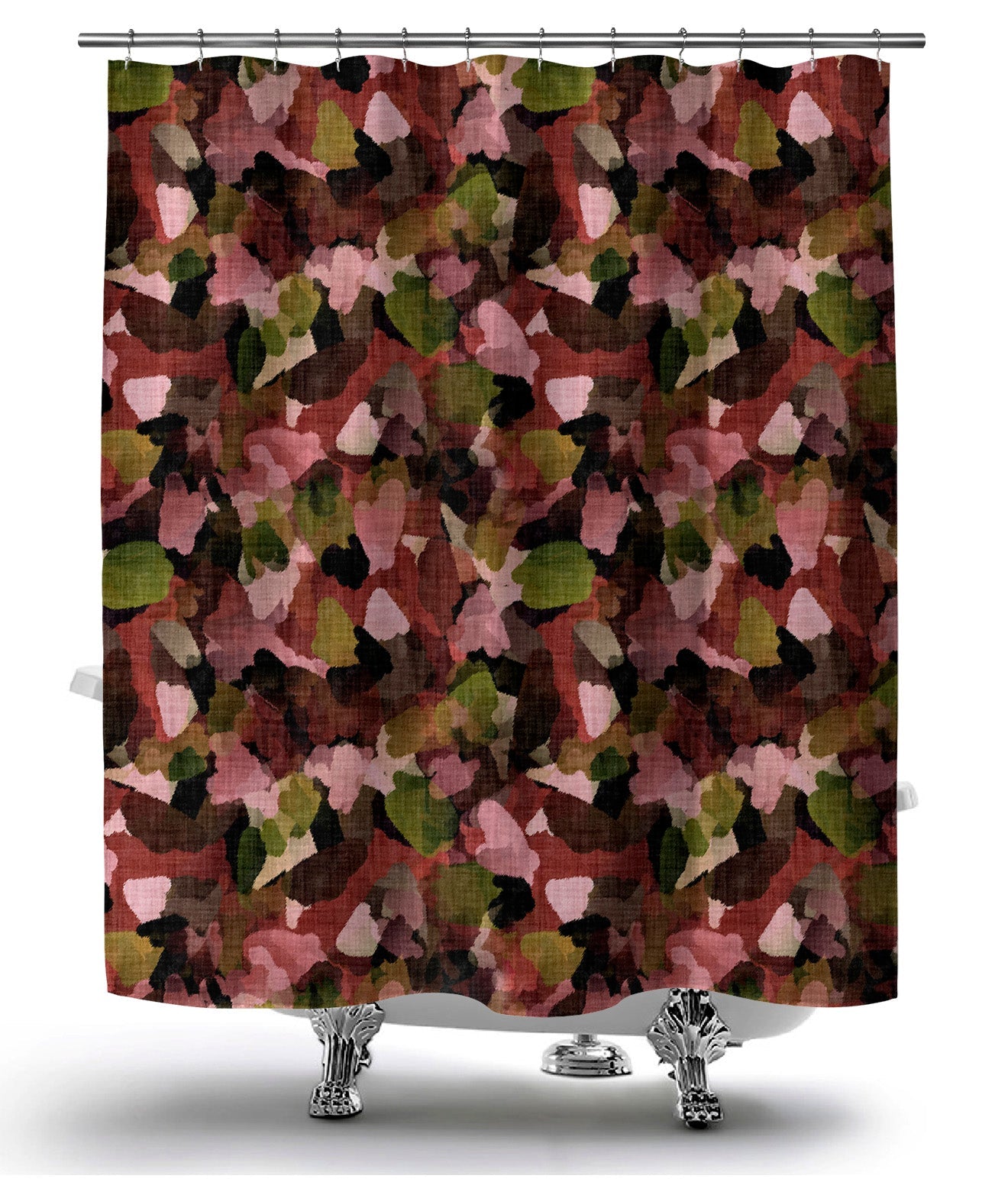 Washable shower curtain, with vivid fall leaves collage, hanging over pedestal.