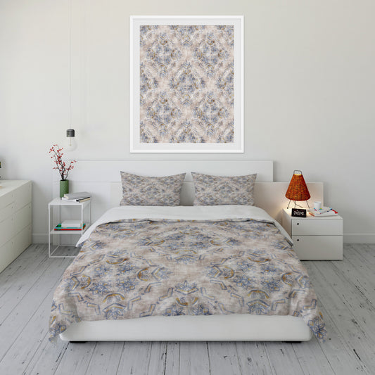 Crisp bedroom featuring lotus patterned duvet cover set.