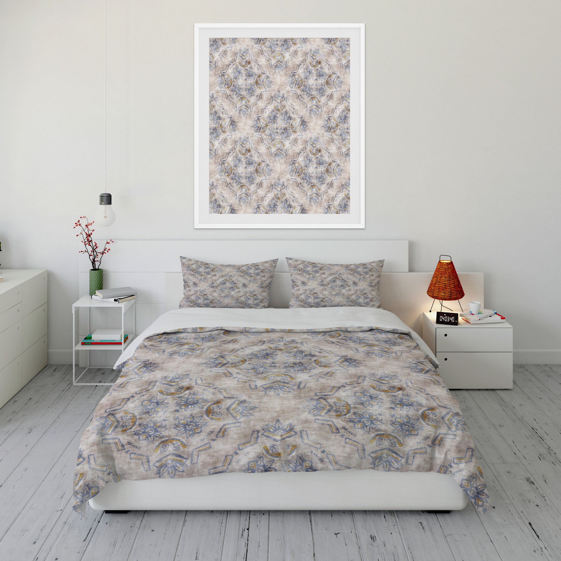Bright bedroom featuring plush Comforter Set with lush lotus flower patterns and matching wall art.