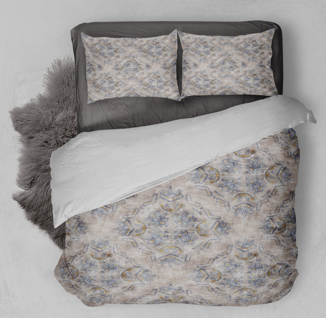 Fresh bed displaying winter ready comforter set with empowering lotus flower design.