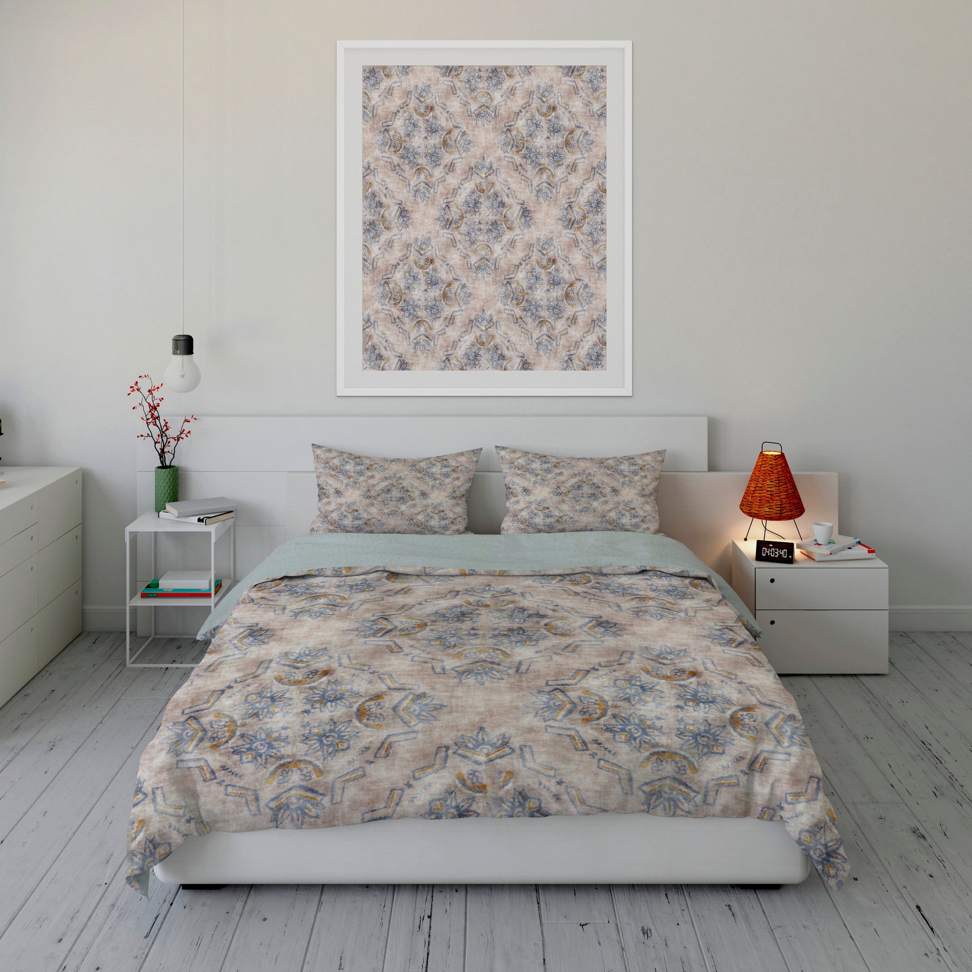 Warm bedroom with Sherpa comforter set featuring luscious lotus motifs throughout.