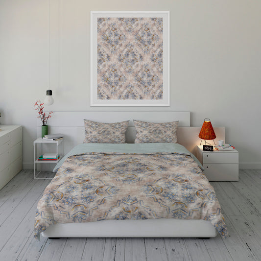 Warm bedroom with Sherpa comforter set featuring luscious lotus motifs throughout.