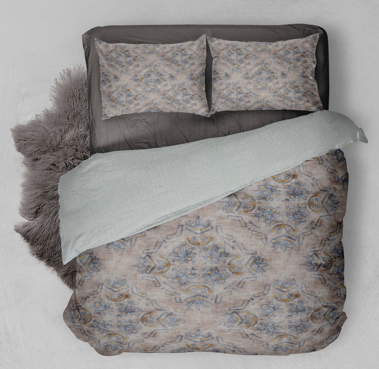 Comfy bed with winter ready Sherpa Comforter Set displaying beautiful printed lotus flower design.