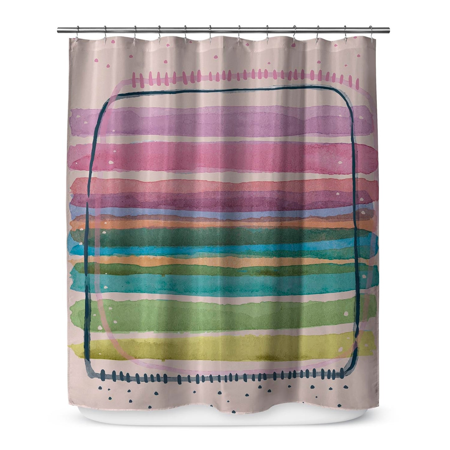 Hanging shower curtain featuring printed pastel design with brushstroke pattern.