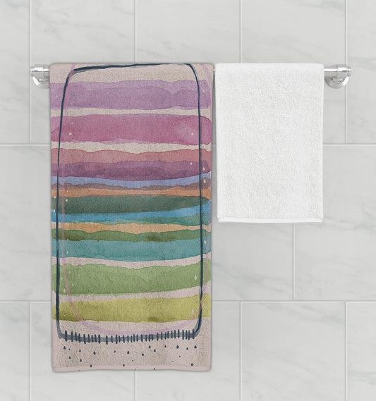 Bathroom rack displaying pastel colored microfiber bath towel.